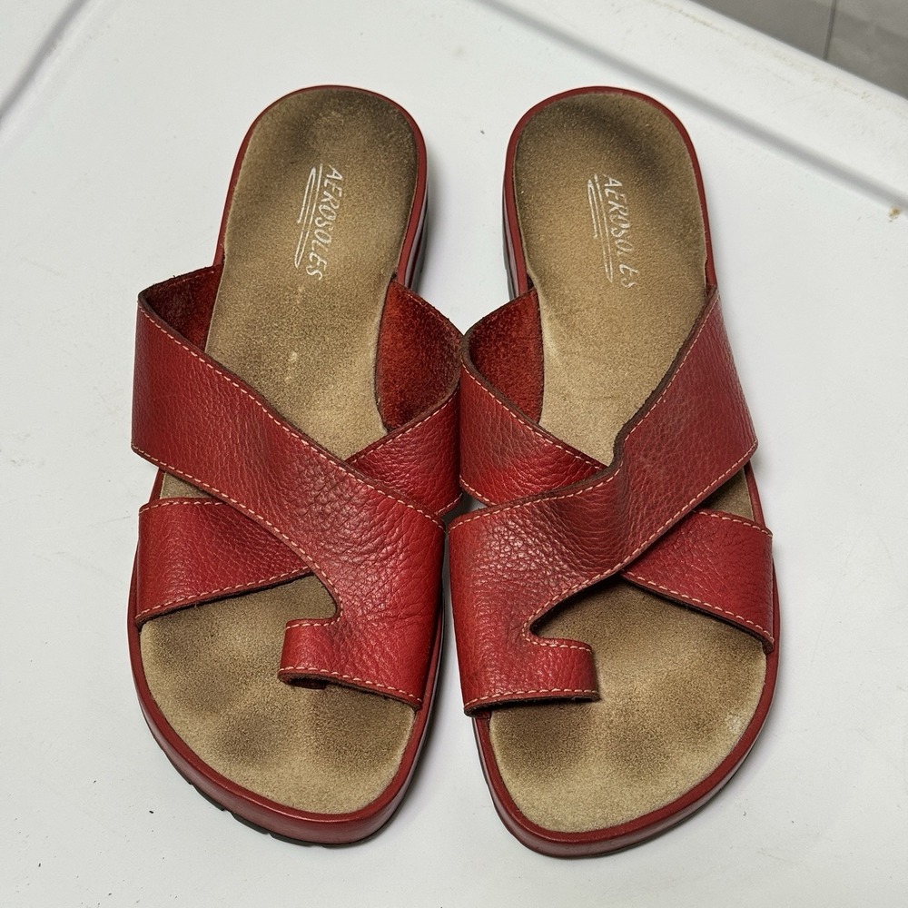 VTG Brazil Red Leather Thong Sandals Chunky 90s Strappy Summer Chic Colorful 10N